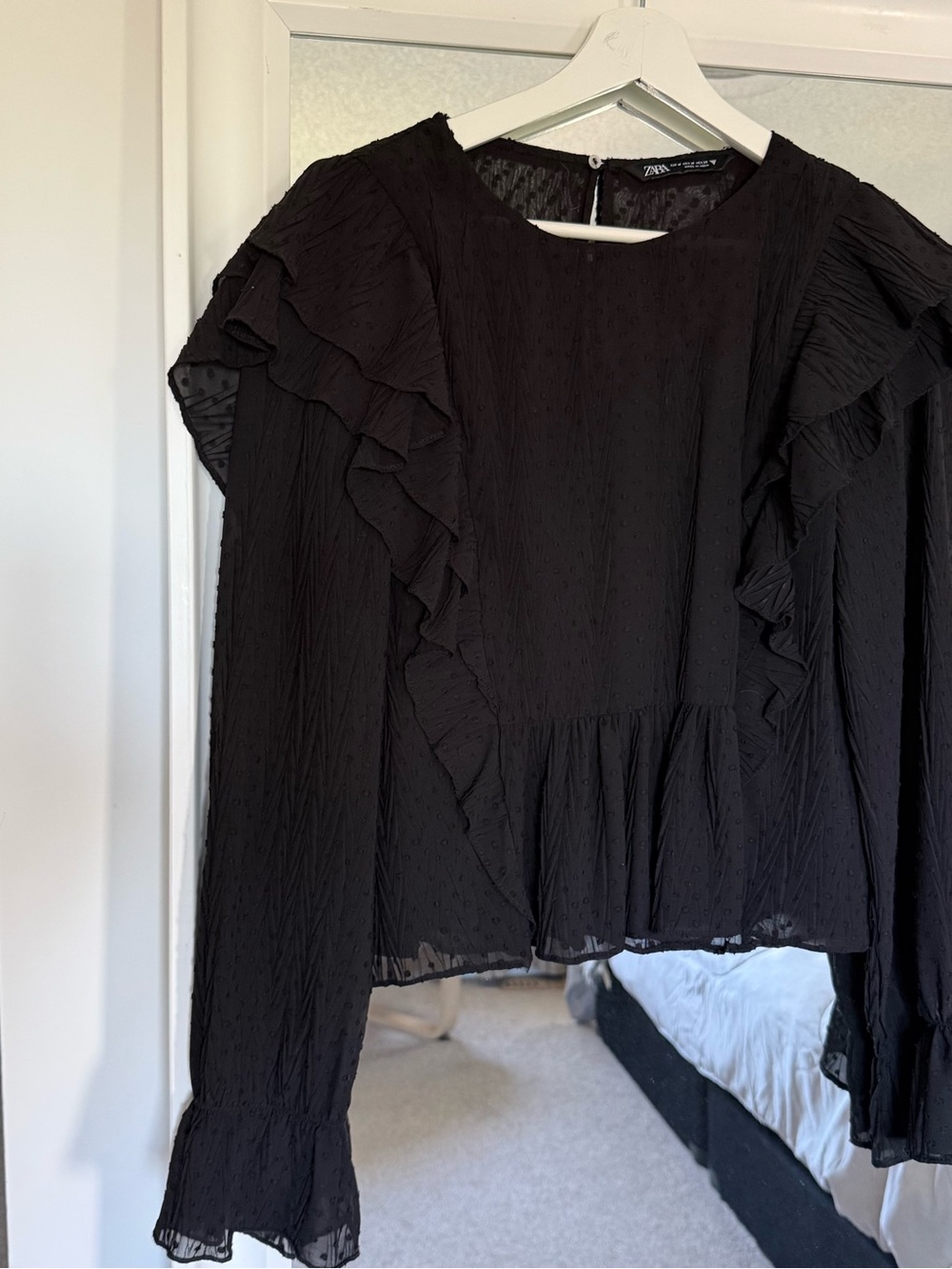Zara Black Ruffled Sheer Long-Sleeve Blouse